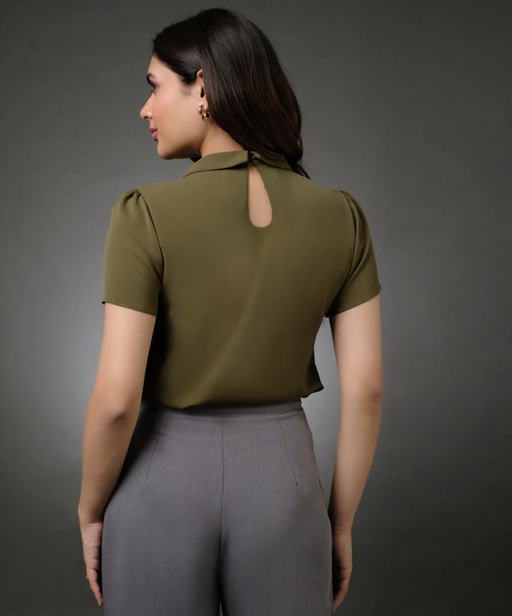 Neck Tie Short Sleeve Olive Top - Image 4