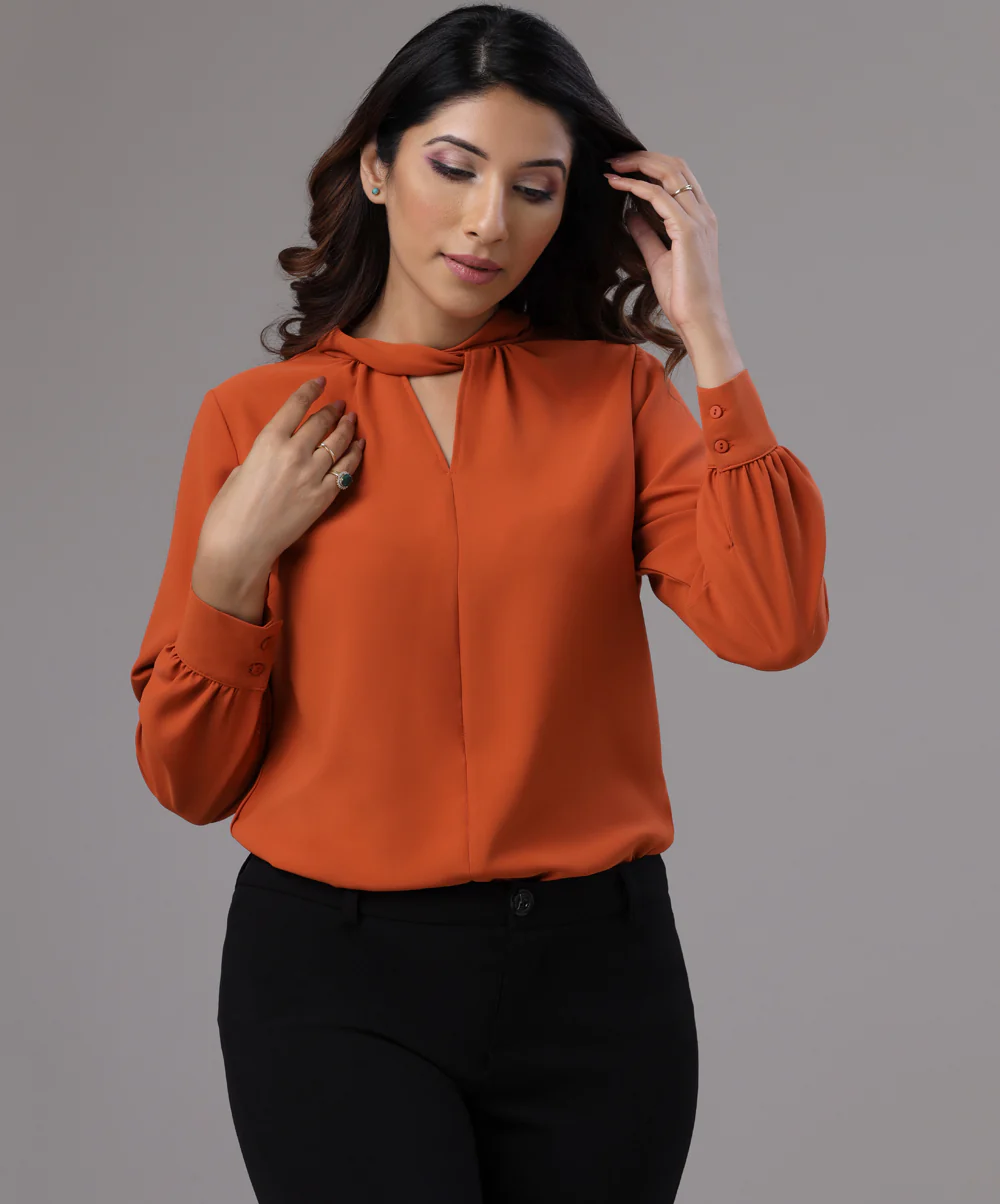 Neck Twisted Long Sleeve Orange Top