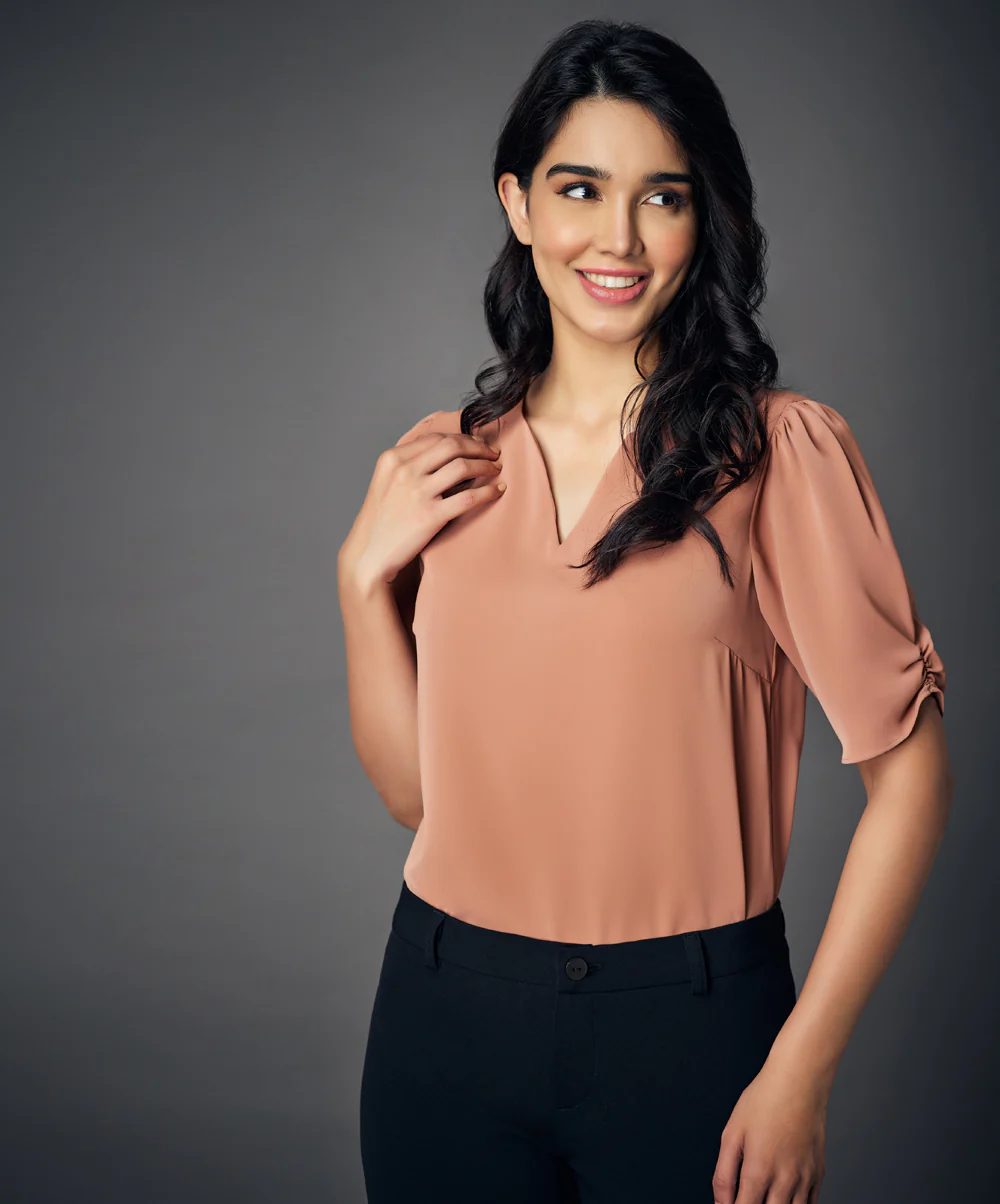 Notched Neck Solid Brown Blouse