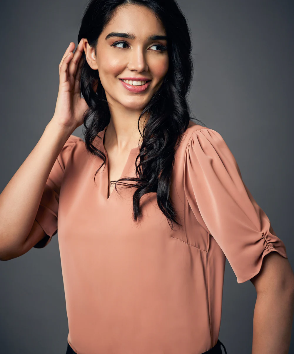 Notched Neck Solid Brown Blouse - Image 2