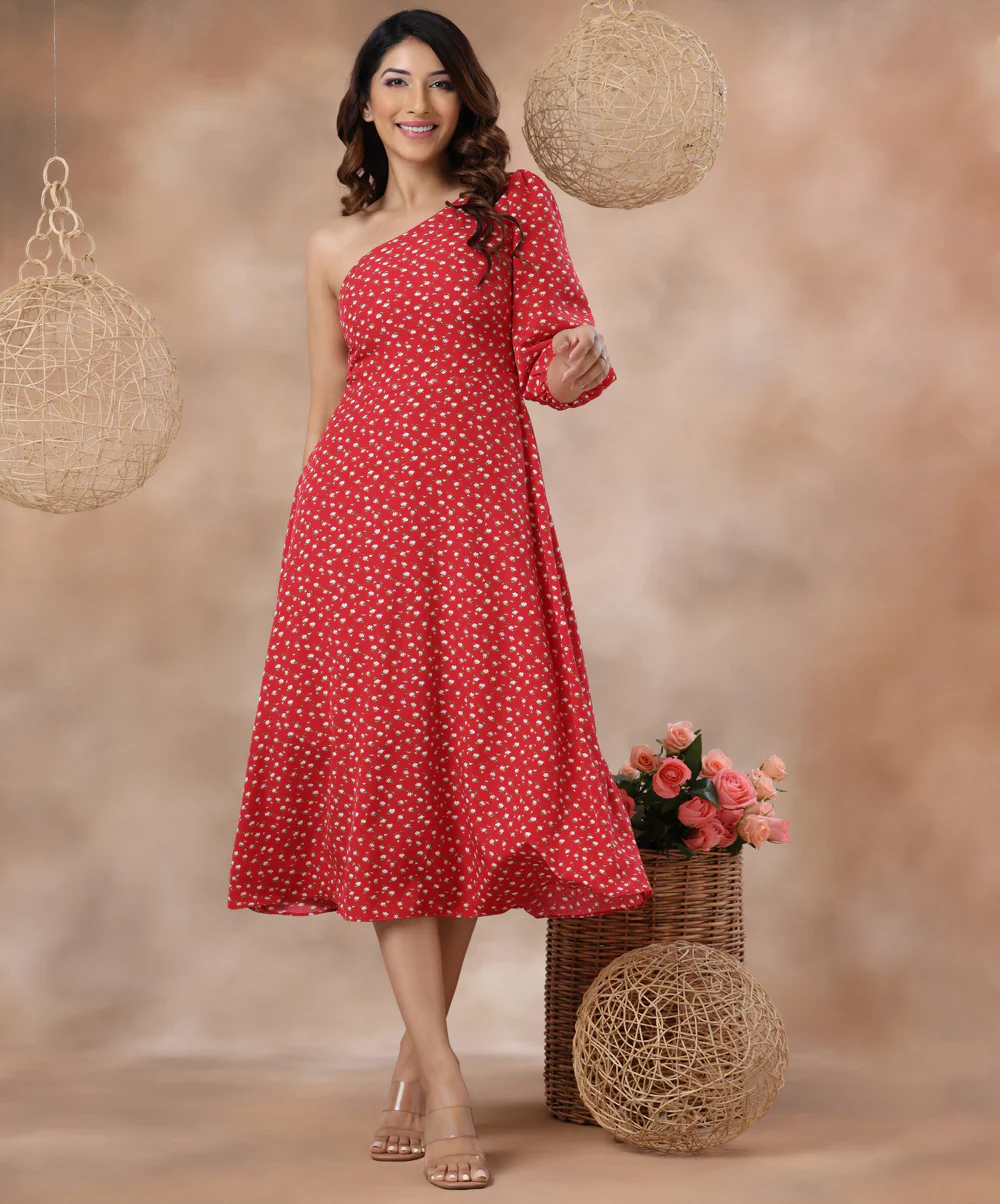 Off Shoulder Puffed Sleeve Printed Dress