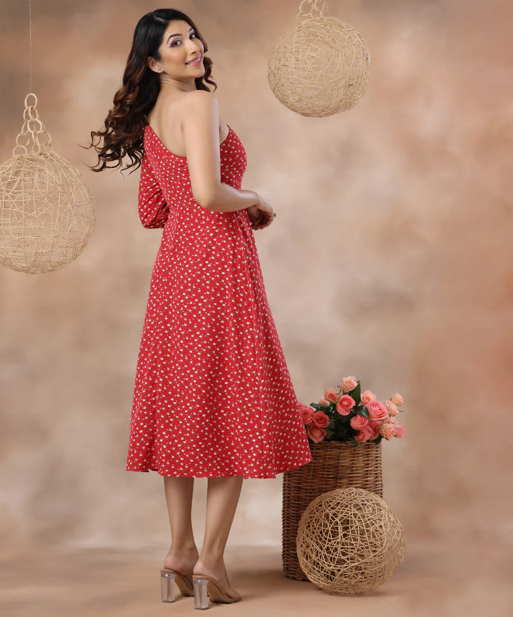 Off Shoulder Puffed Sleeve Printed Dress - Image 2