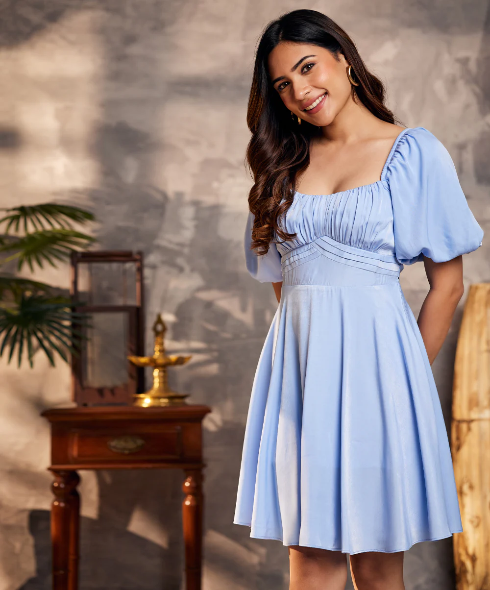 Off-Shoulder Tie-Back Blue Dress - Image 2