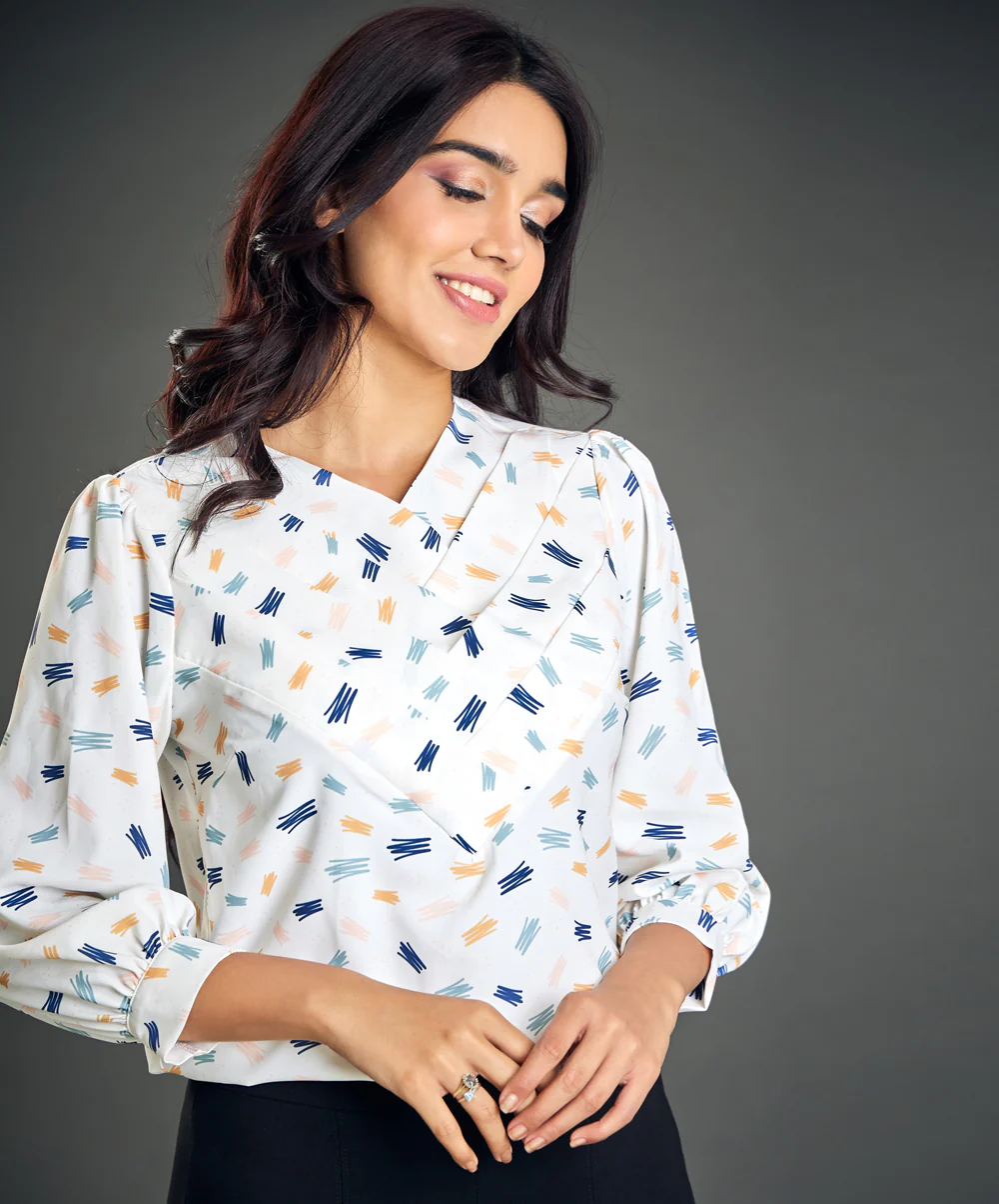 Off White Printed Side Pleated Top - Image 3