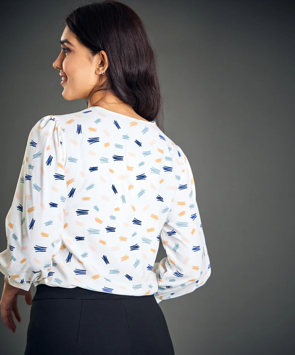 Off White Printed Side Pleated Top - Image 4