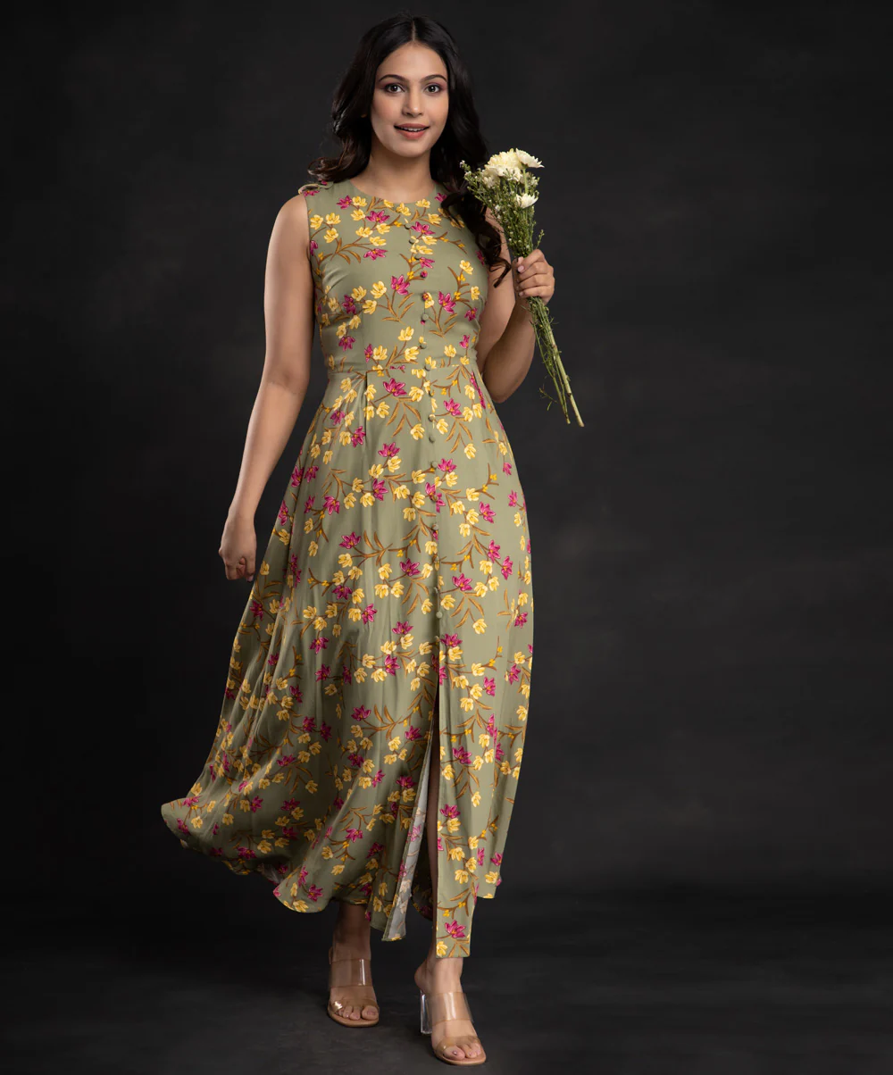 Olive Front Slit Floral Tunic Maxi