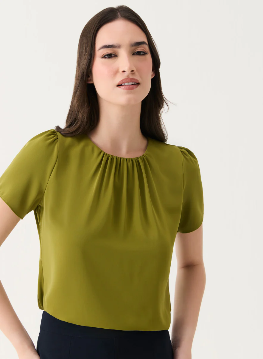 Olive Short Sleeve Chiffon Neck Top - Image 2