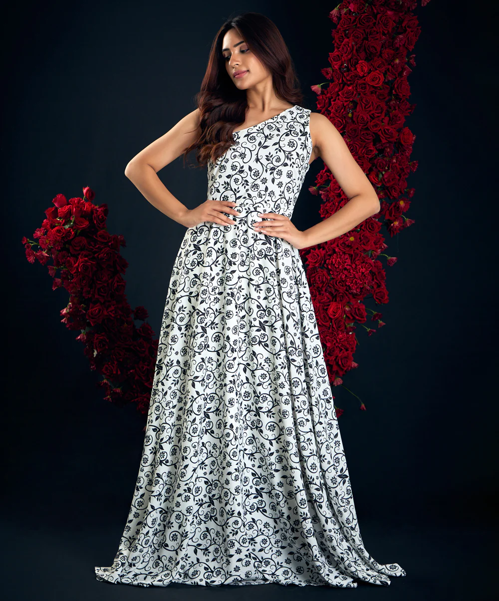 One Shoulder White Printed Maxi