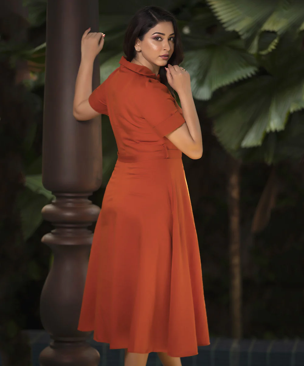 Orange Lapel Detailed Front Buttoned Dress - Image 3