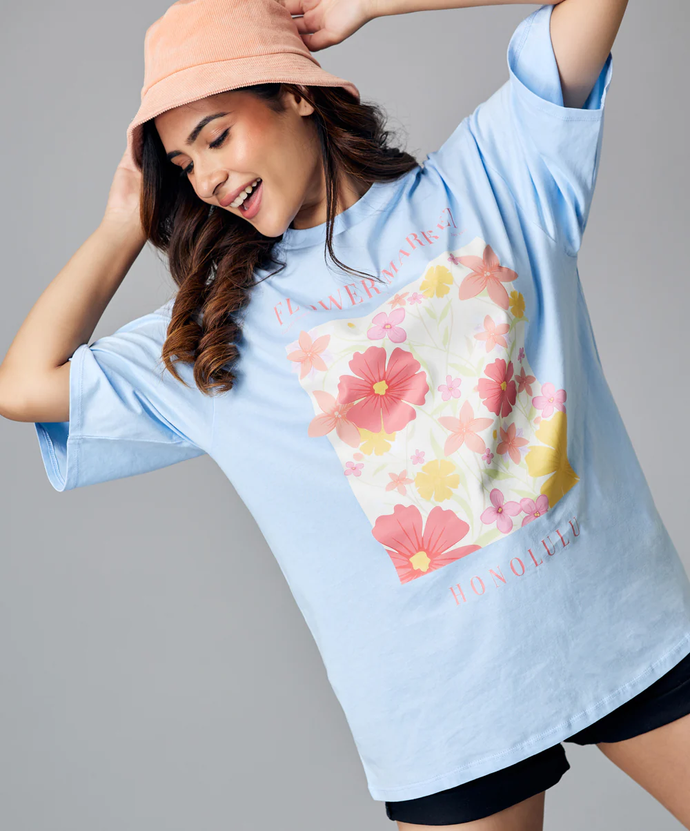 Oversize Light Blue Floral Tshirt - Image 3