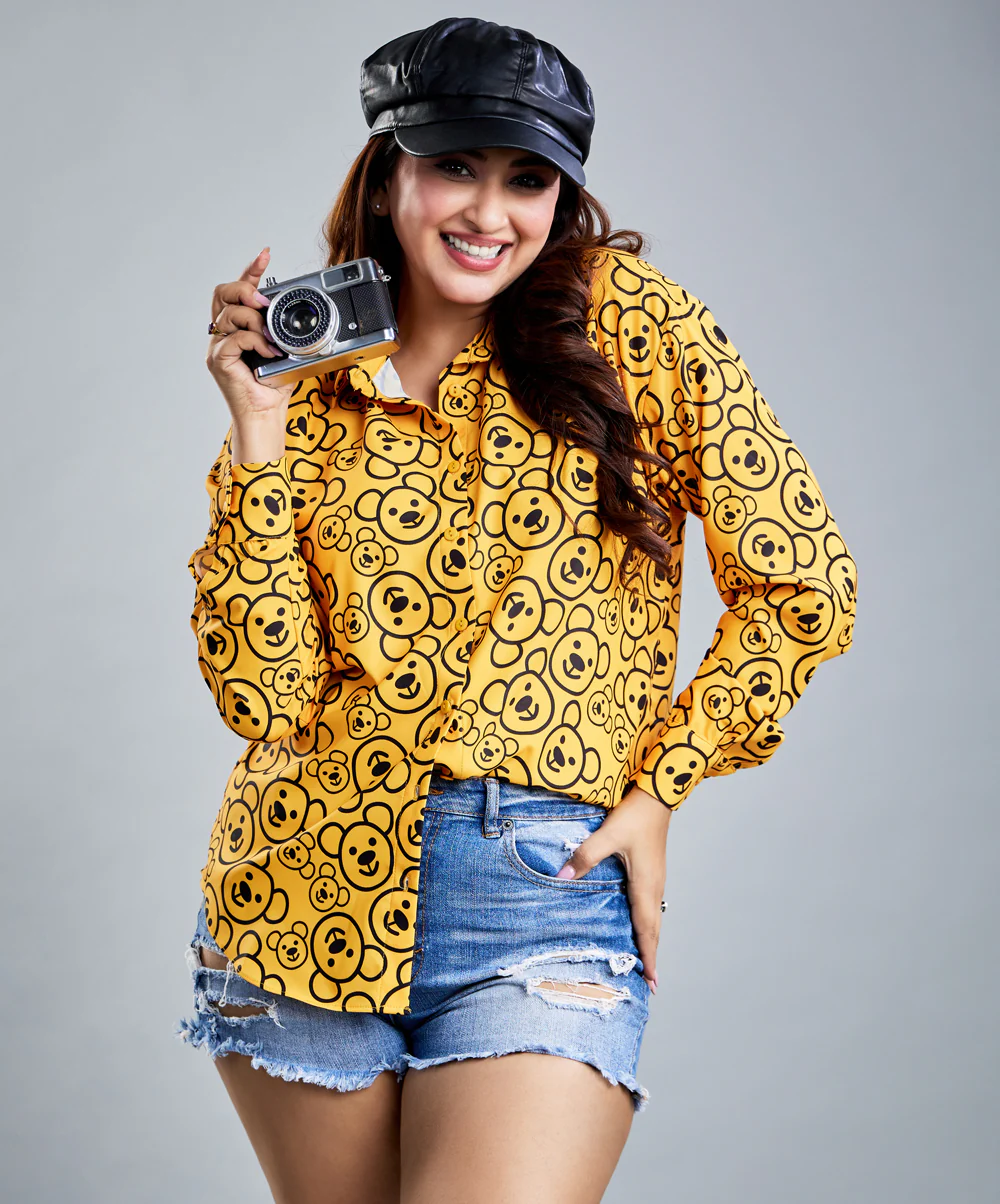Oversized Chiffon Bear Printed Orange Shirt - Image 5