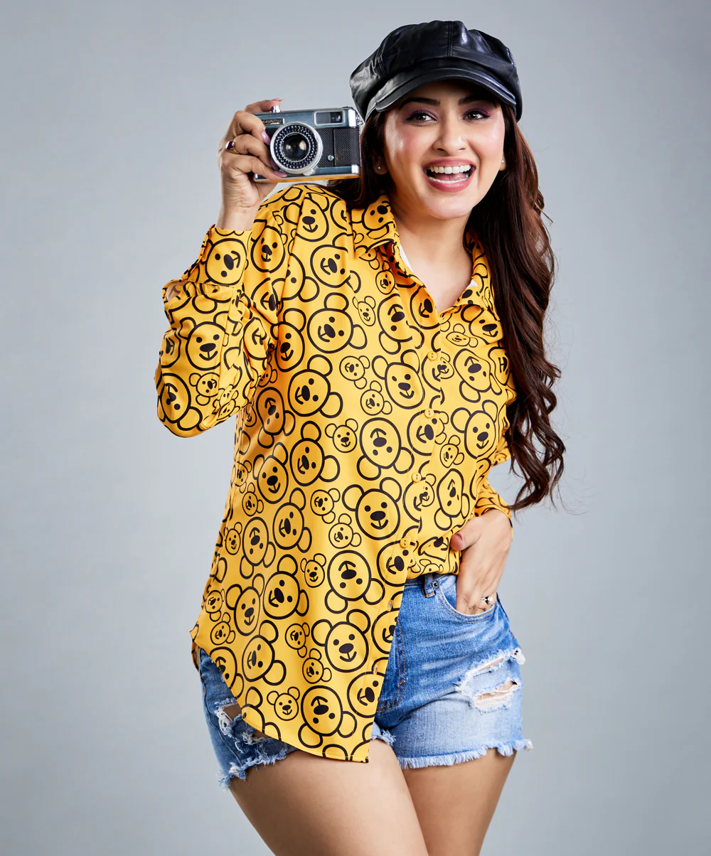 Oversized Chiffon Bear Printed Orange Shirt - Image 6