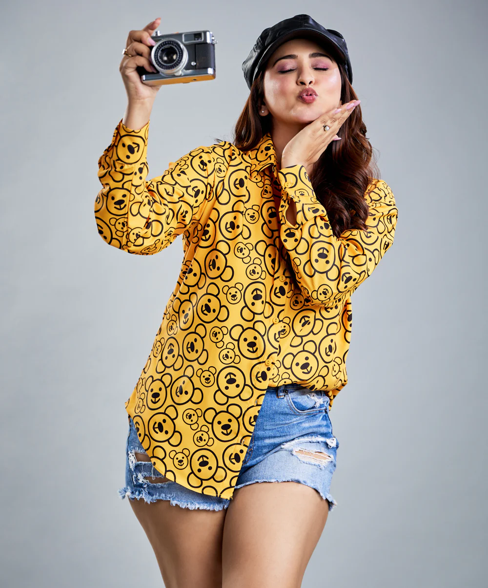 Oversized Chiffon Bear Printed Orange Shirt - Image 8