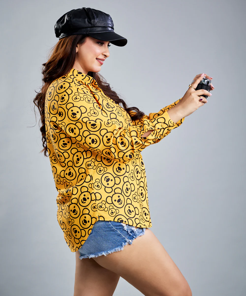 Oversized Chiffon Bear Printed Orange Shirt - Image 9