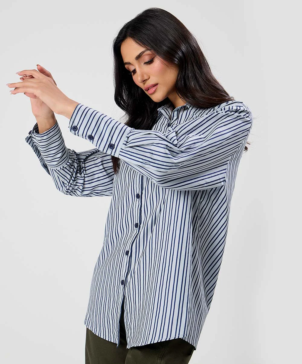Oversized Blue Cotton Printed Shirt - Image 3
