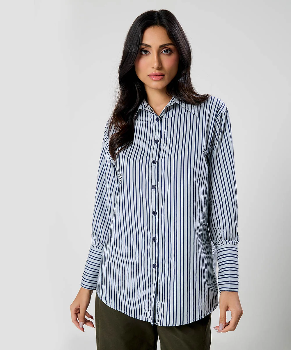 Oversized Blue Cotton Printed Shirt - Image 4