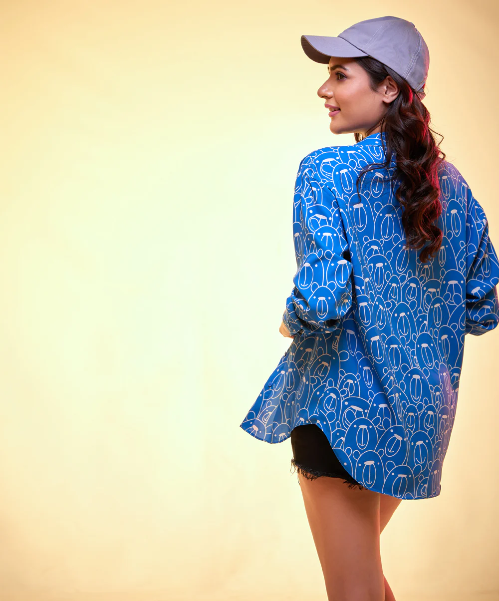 Oversized Chiffon Blue Bear Printed Shirt - Image 4