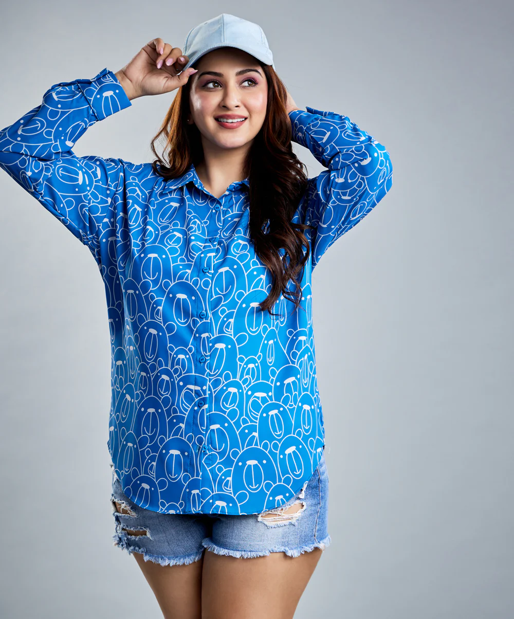 Oversized Chiffon Blue Bear Printed Shirt - Image 7