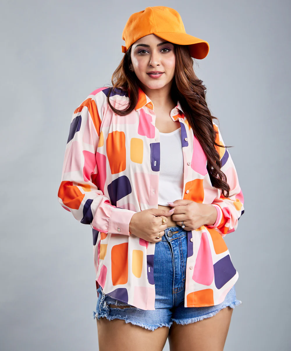 Oversized Chiffon Pink & Orange Shirt - Image 2