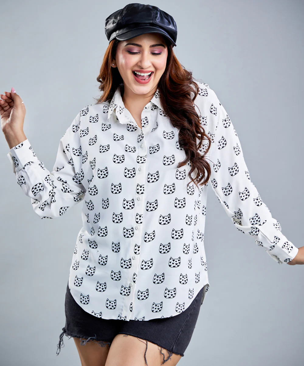 Oversized Chiffon Printed White Shirt - Image 6