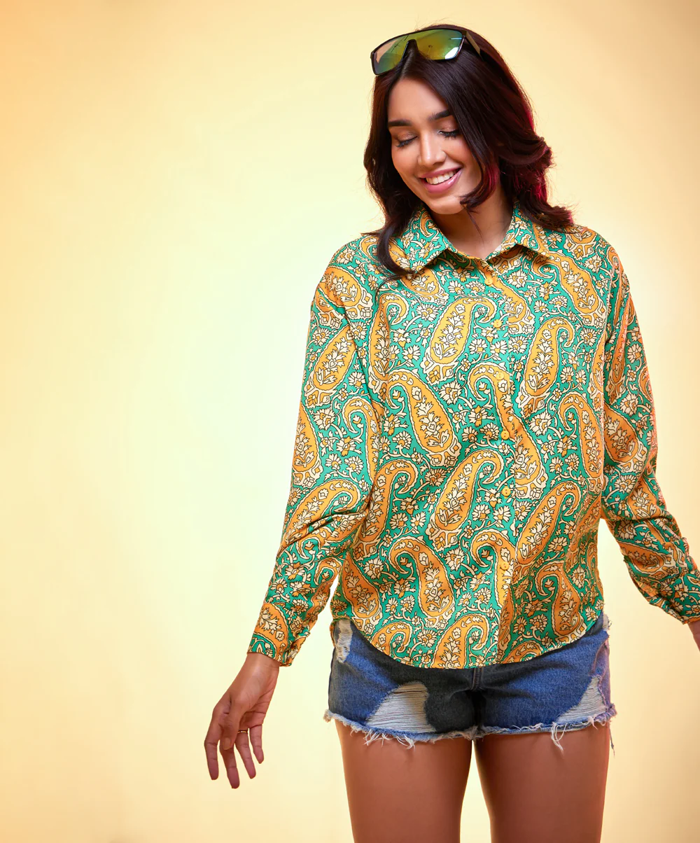 Oversized yellow & green printed shirt - Image 2