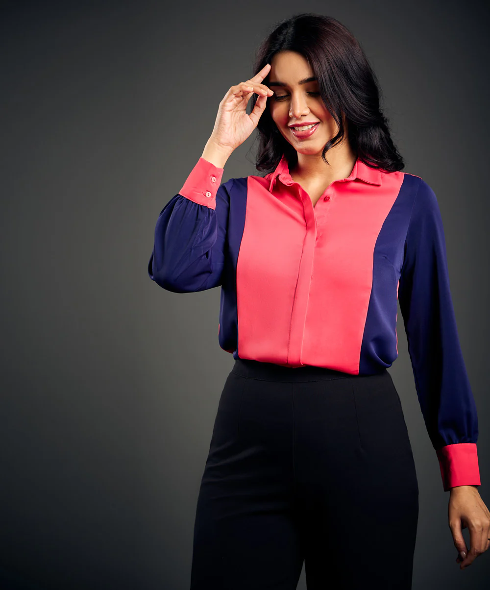 Panel Solid Chiffon Long Sleeve Shirt - Image 2