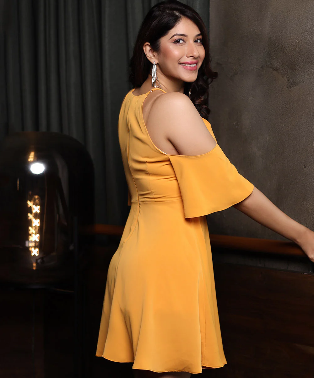 Party Cocktail Cold Shoulder Mustard Dress - Image 3