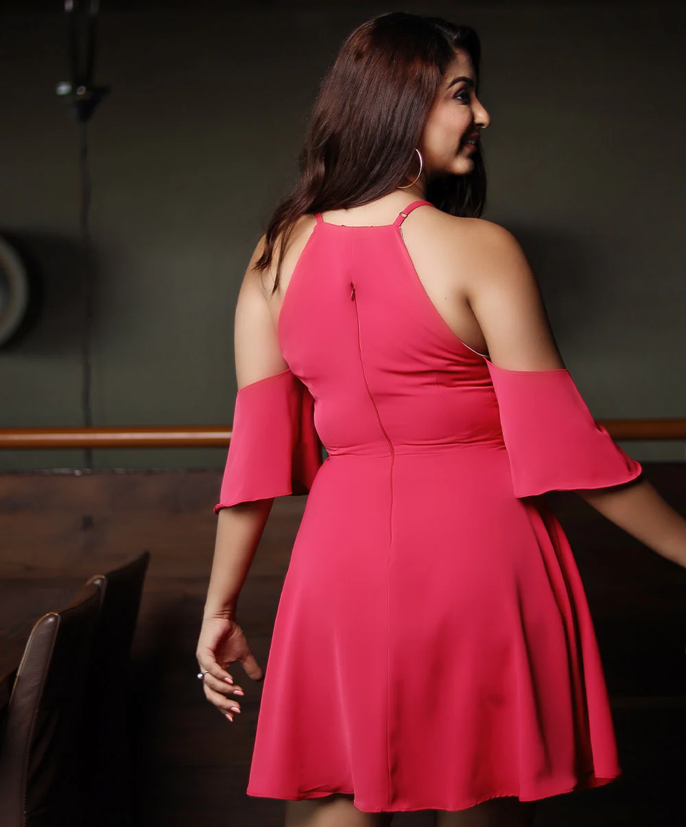Party Cocktail Cold Shoulder Pink Dress - Image 2