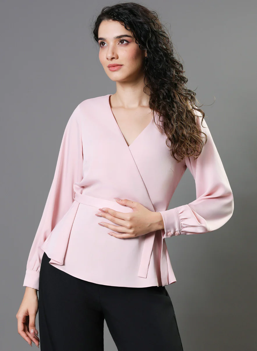 Peplum Waist Tie Pastel Pink Top - Image 3