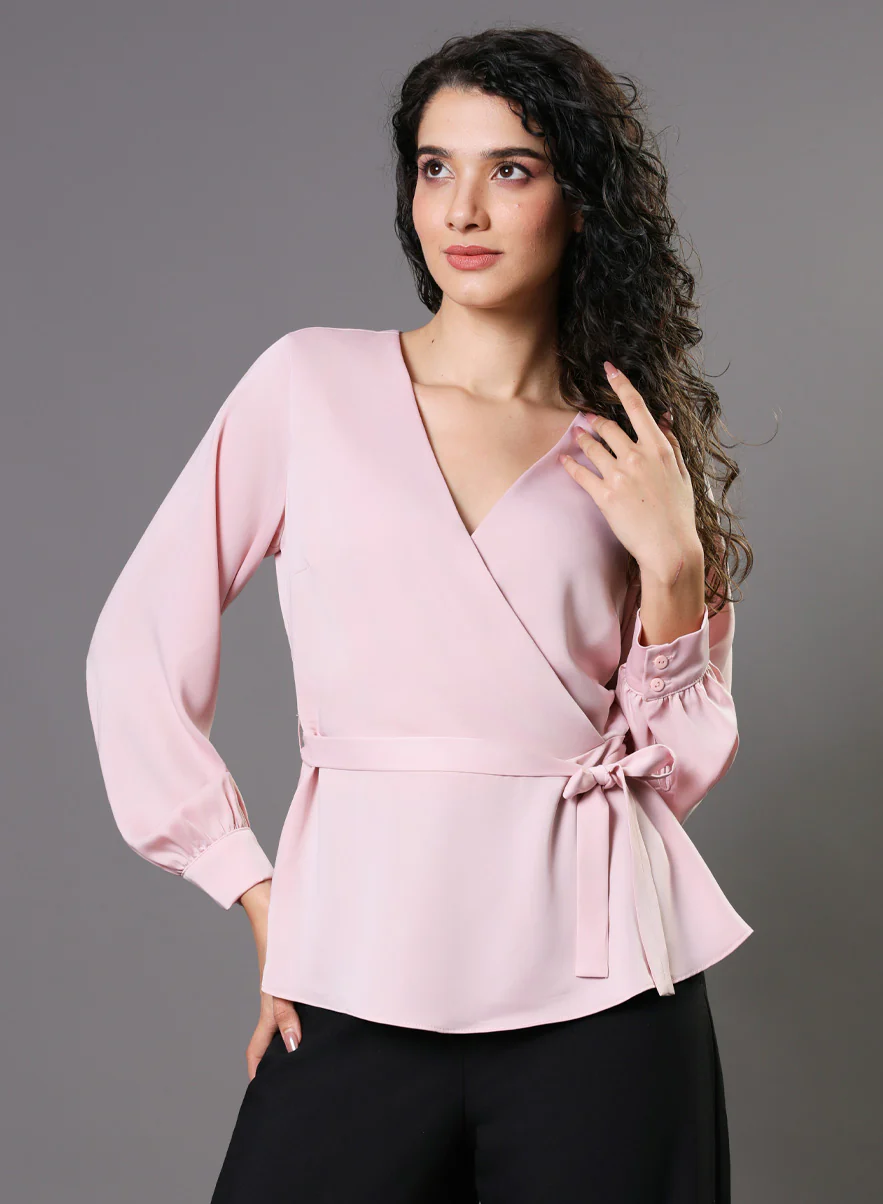 Peplum Waist Tie Pastel Pink Top - Image 4