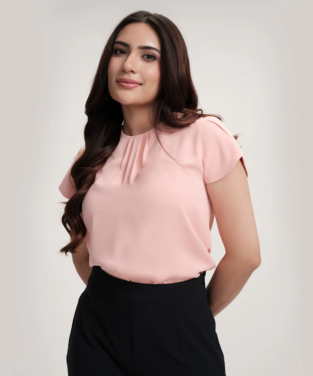Petal Sleeve Chiffon Neck Pleated Top - Image 3