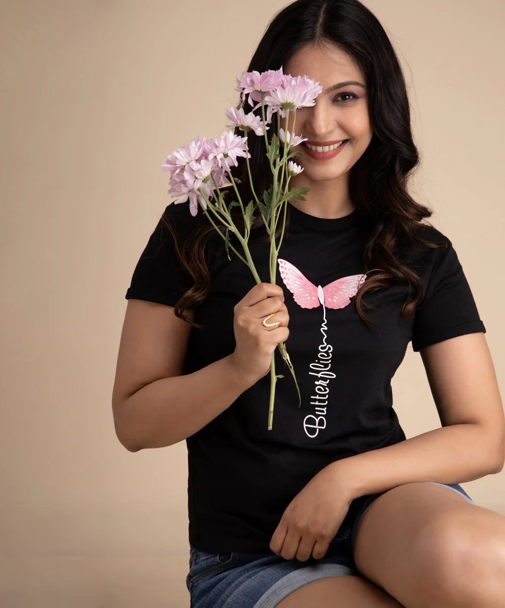 Pink Butterfly Printed Black Tshirt