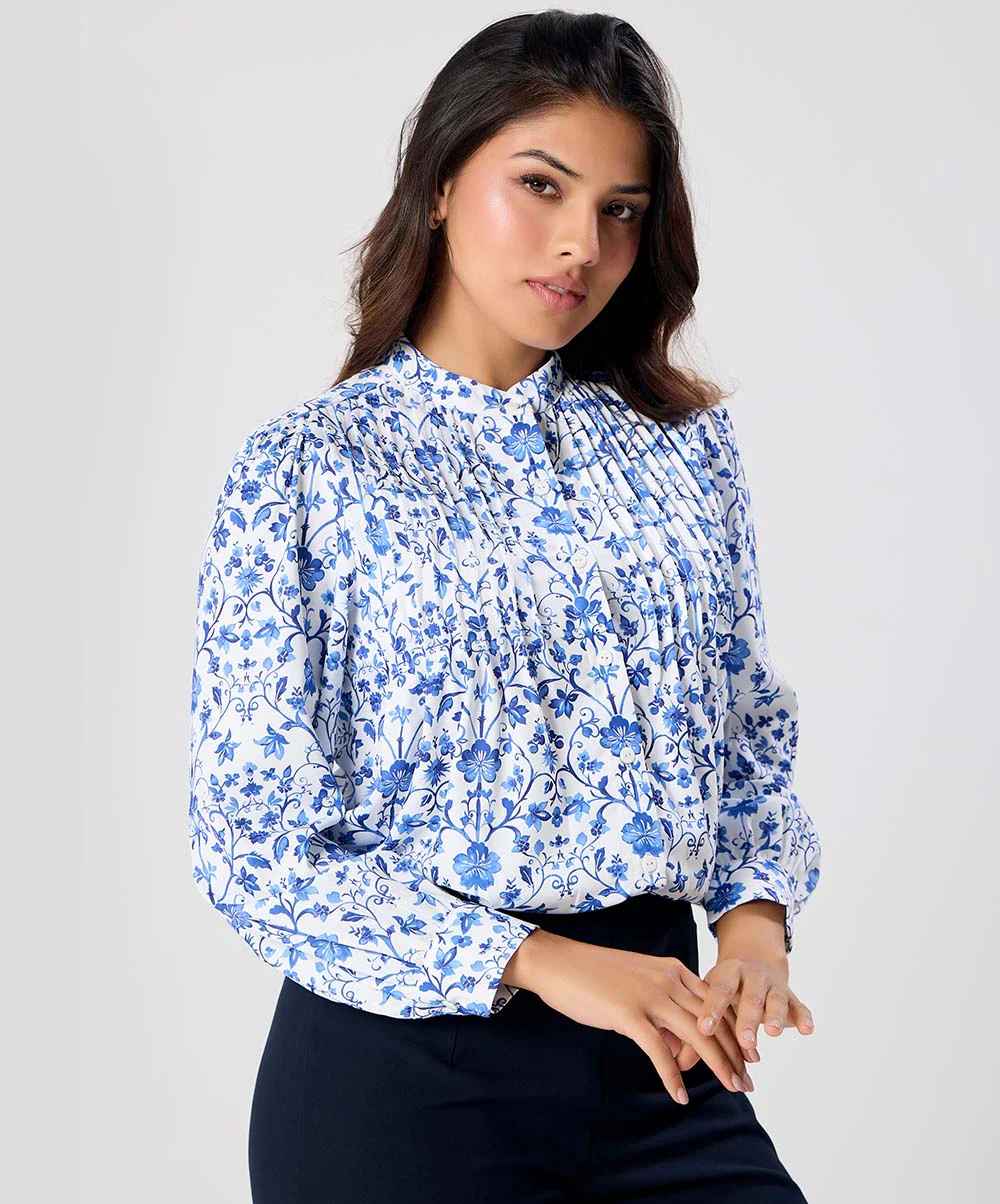 Pintuck Detailed Long Sleeve Printed Top - Image 2