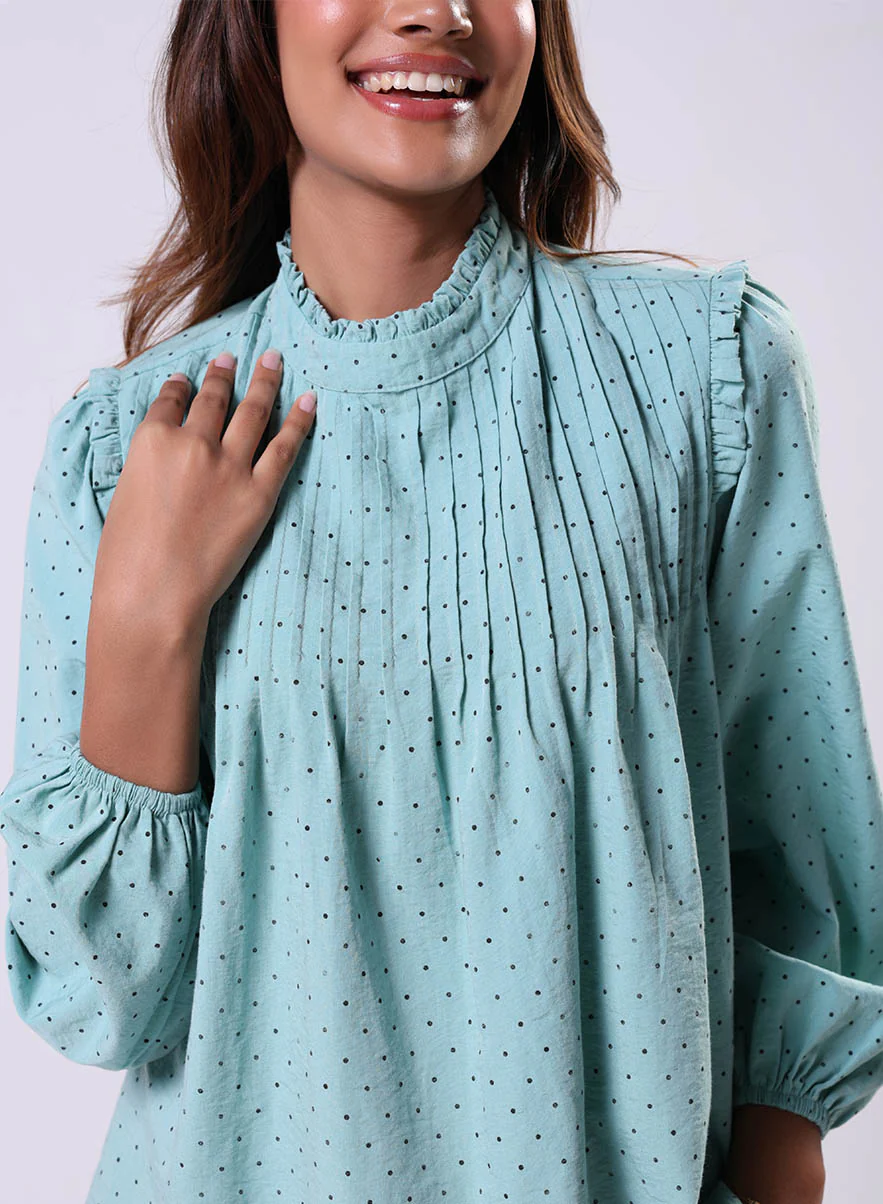 Pintuck Detailed Polka Dot Green Top - Image 2