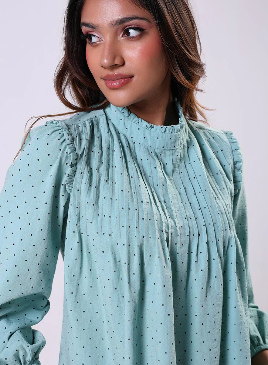 Pintuck Detailed Polka Dot Green Top - Image 3