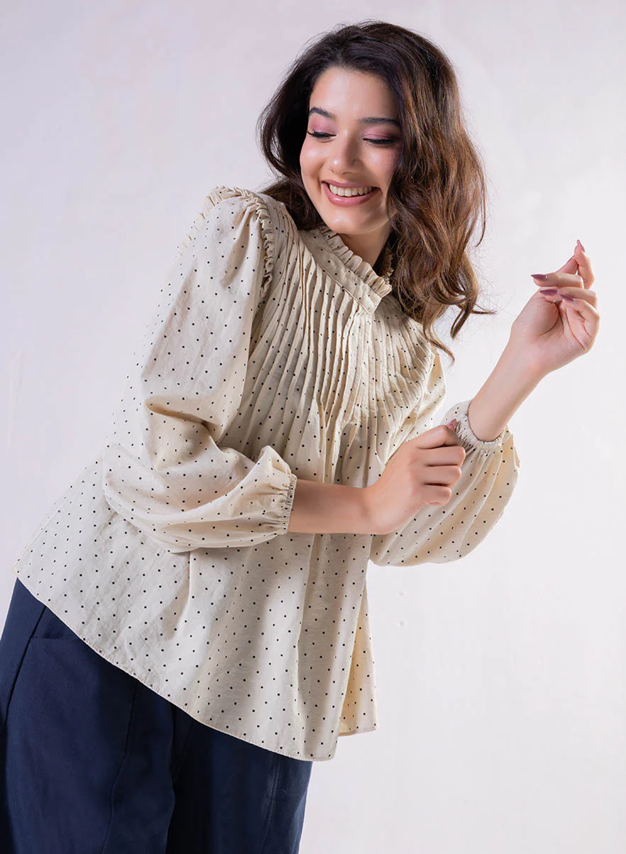 Pintuck Detailed Polka Dot Printed Top - Image 5