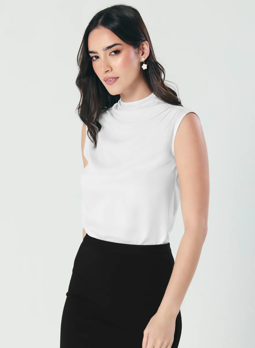 Pleated Cowl Satin Sleeveless White Top - Image 5