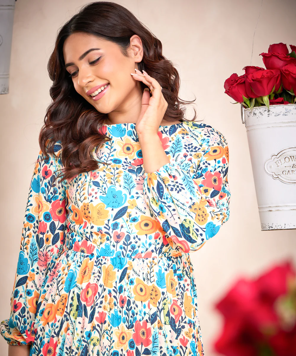 Pleated Long Sleeve Floral Dress - Image 6