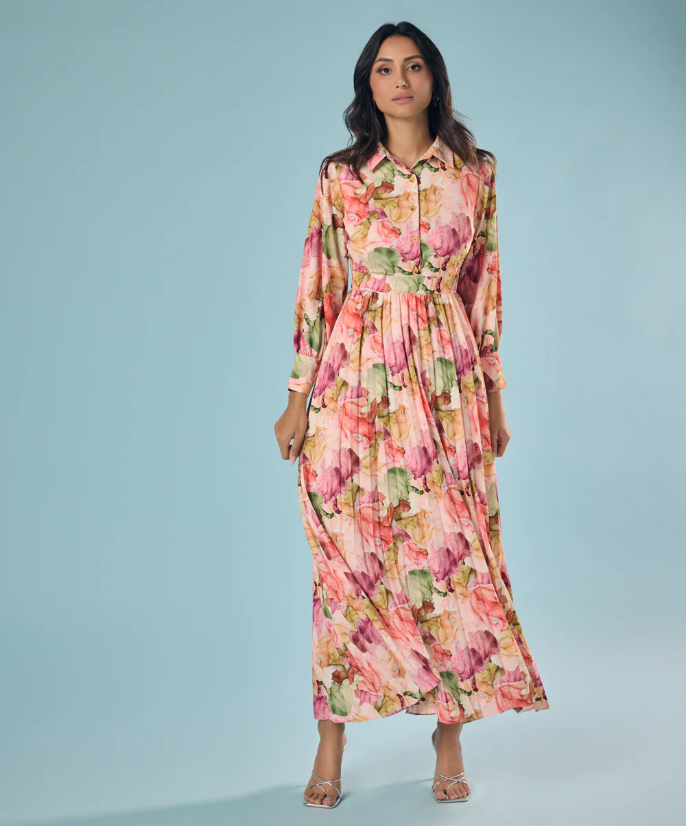 Pleated Printed Chiffon Shirt Dress - Image 2
