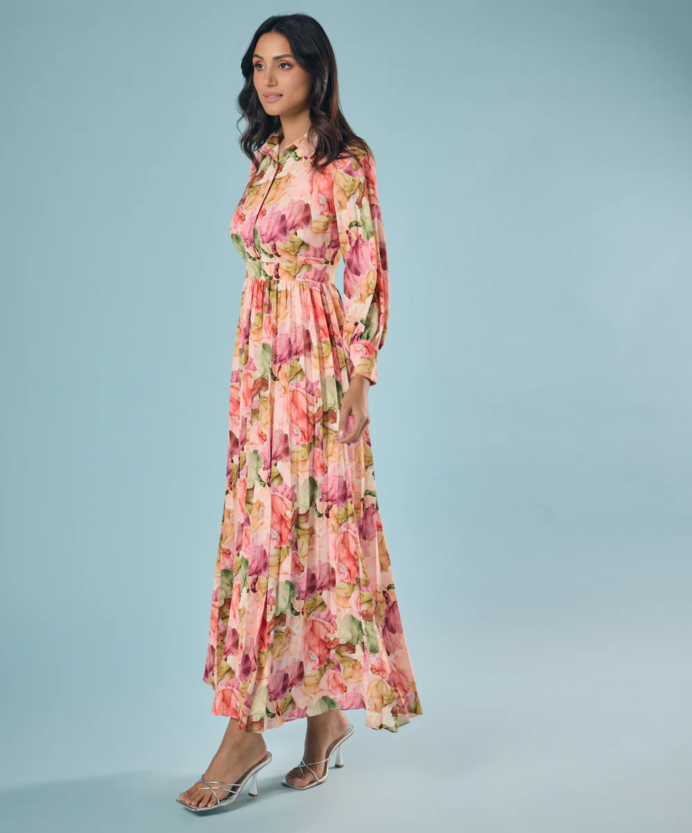 Pleated Printed Chiffon Shirt Dress - Image 3