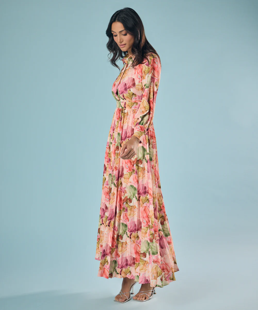 Pleated Printed Chiffon Shirt Dress - Image 4