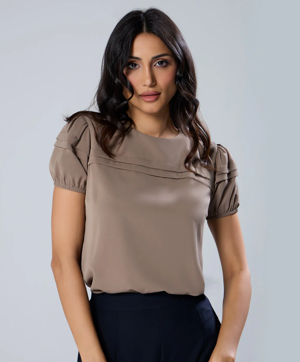 Pleated Sleeve Round Neck Brown Top - Image 3