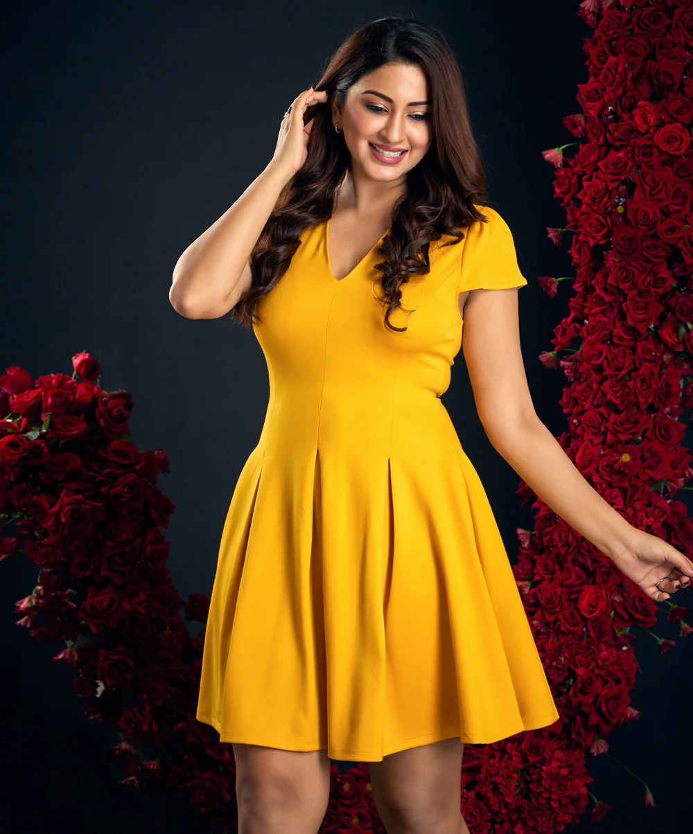 Pleated Vneck Ponte Yellow Dress - Image 2