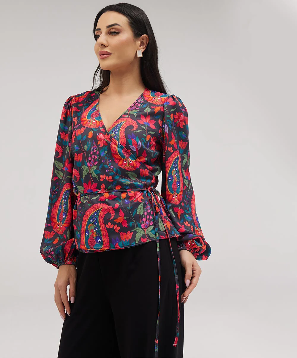 Printed Chiffon Wrap Around Blue Top
