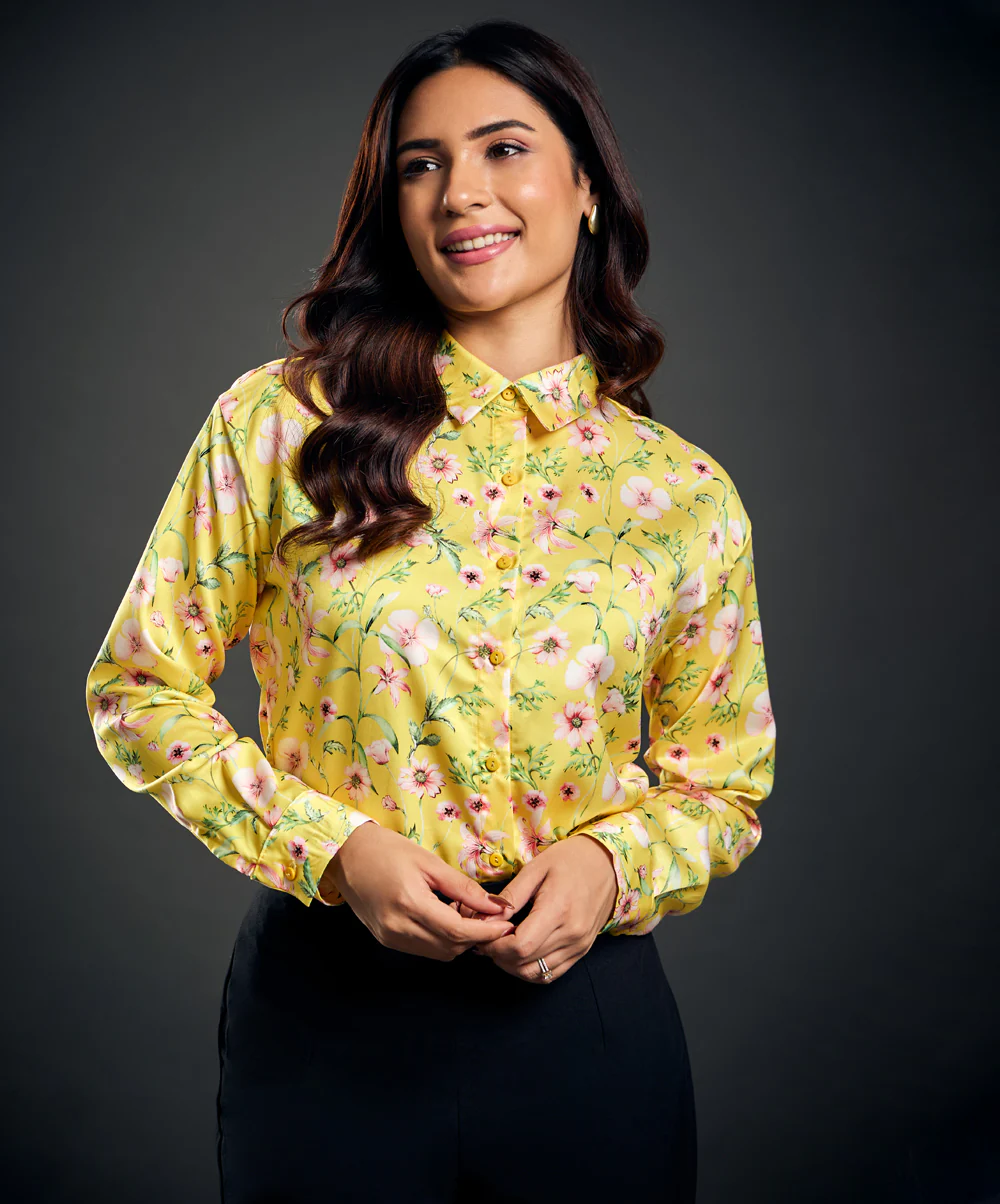 Printed Long Sleeve Yellow Satin Shirt - Image 3