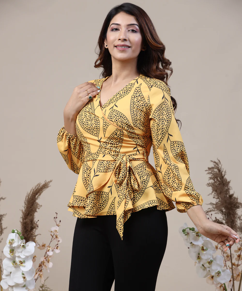 Printed Puffed Sleeve Peplum Top