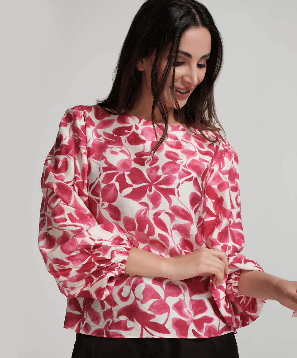 Printed Puffed Sleeve Red Top - Image 2
