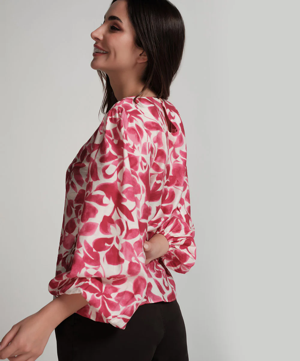 Printed Puffed Sleeve Red Top - Image 5