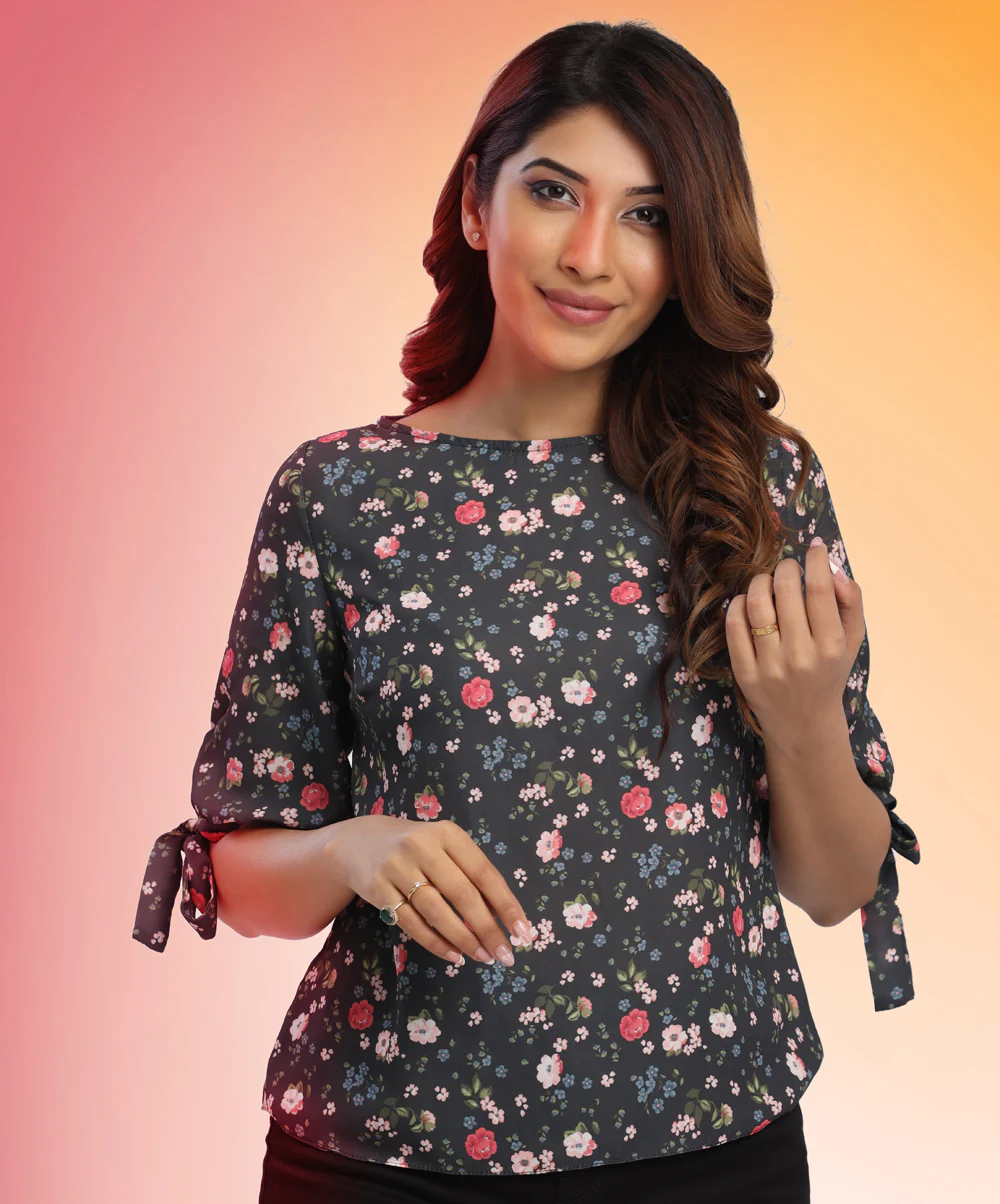 Printed Sleeve Tie Up Gray Top