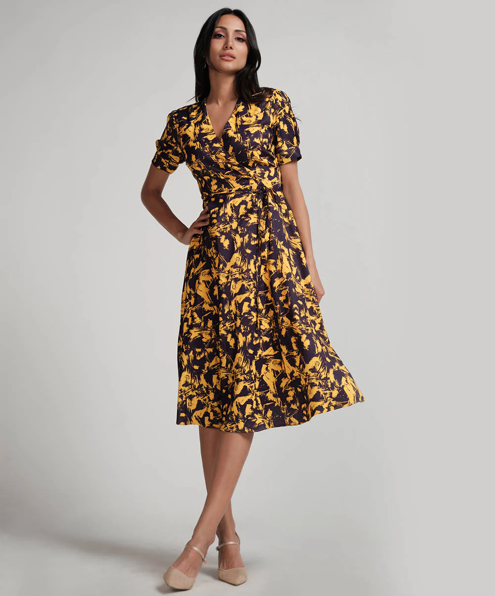 Printed Vneck Cross Over Dress
